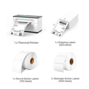 The white thermal printer kit has a white thermal printer, a roll of white round labels, a stack of 4x6 labels, and a roll of white rectangular labels.