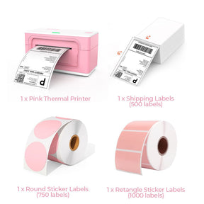 The pink thermal printer kit includes a pink printer, a roll of rectangle labels, a roll of pink round labels, and a stack of shipping labels.