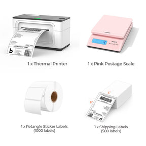 The white thermal printer kit has a white thermal printer, a pink postal scale, a stack of 4x6 labels, and a roll of white rectangular labels.