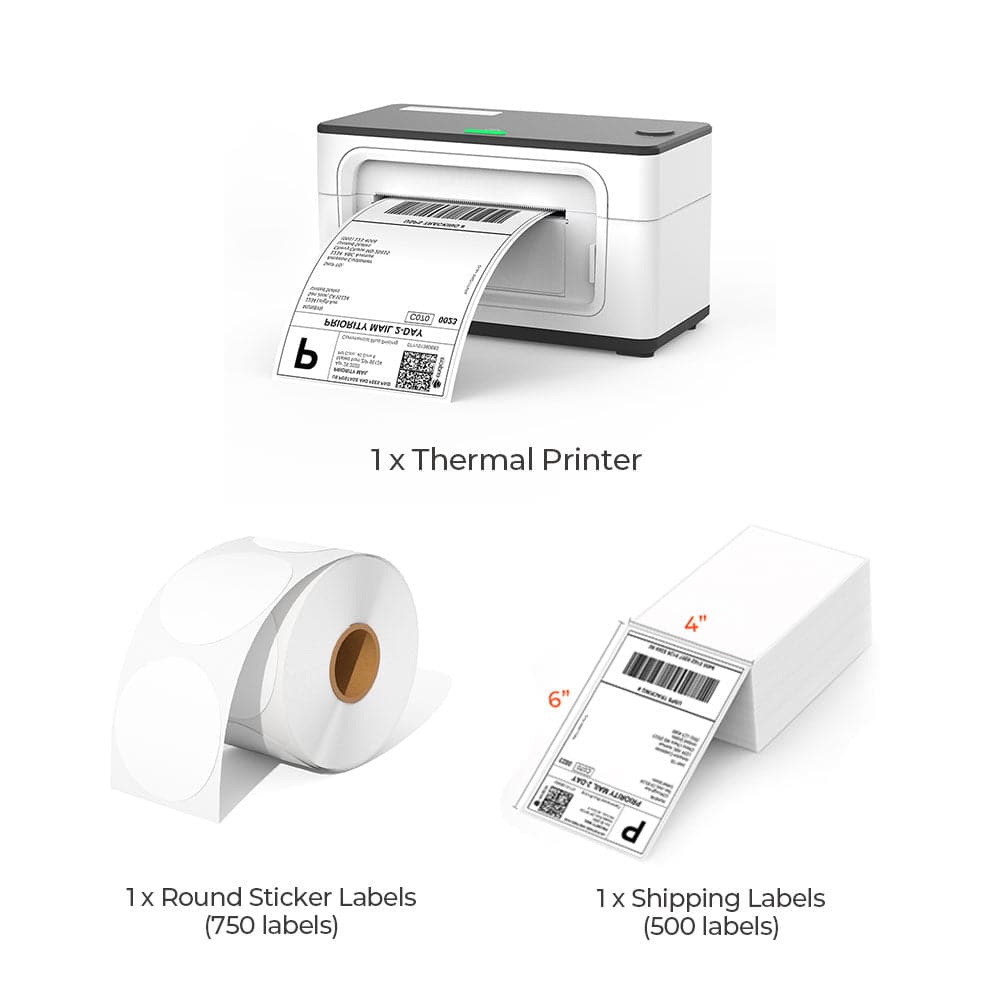 The white thermal label printer kit has a white thermal printer, a roll of white round labels and a stack of 4x6 labels.