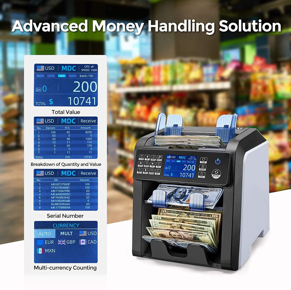 MUNBYN Mixed Denomination Bill Counter Sorter with Value Counting, 2 Pocket for Sorting, IMC08. Advanced money handling solution.Money counter New LCD Display Money Bill Counters Counterfeit Detector UV & MG Cash Bank.