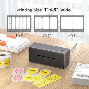 MUNBYN P129 Bluetooth printer can print thermal labels in sizes ranging from 1 to 4.3 inches wide, providing versatility for a variety of uses.