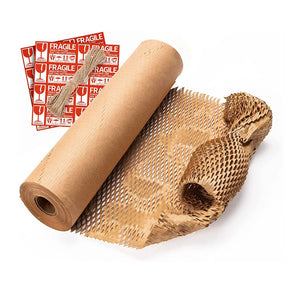 MUNBYN Honeycomb Packing Paper, 15"x120' Eco Friendly Packing Paper for Moving Packaging Gifts, Recyclable Cushion Wrapping Roll Shipping Supplies With 16 Fragile Sticker Labels & 100ft Jute Twine (Brown&Pink)